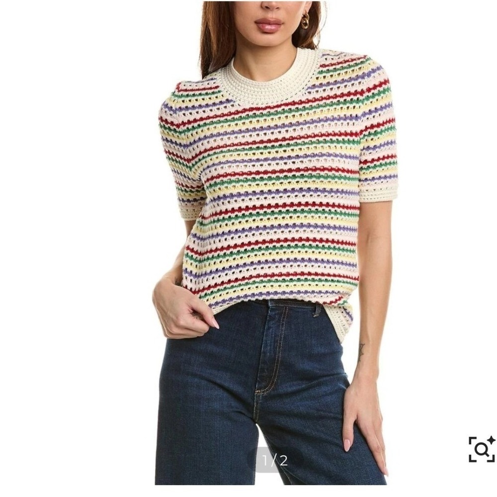 Nanette Lepore Sweater XL Colorful New Striped Pointelle Cotton Top Boho Rainbow